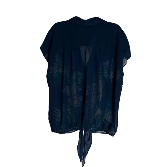 Roz & Ali Tie Front Button Up Blouse Women’s 1X Plus Navy Tropical Semi-Sheer - Picture 2 of 7